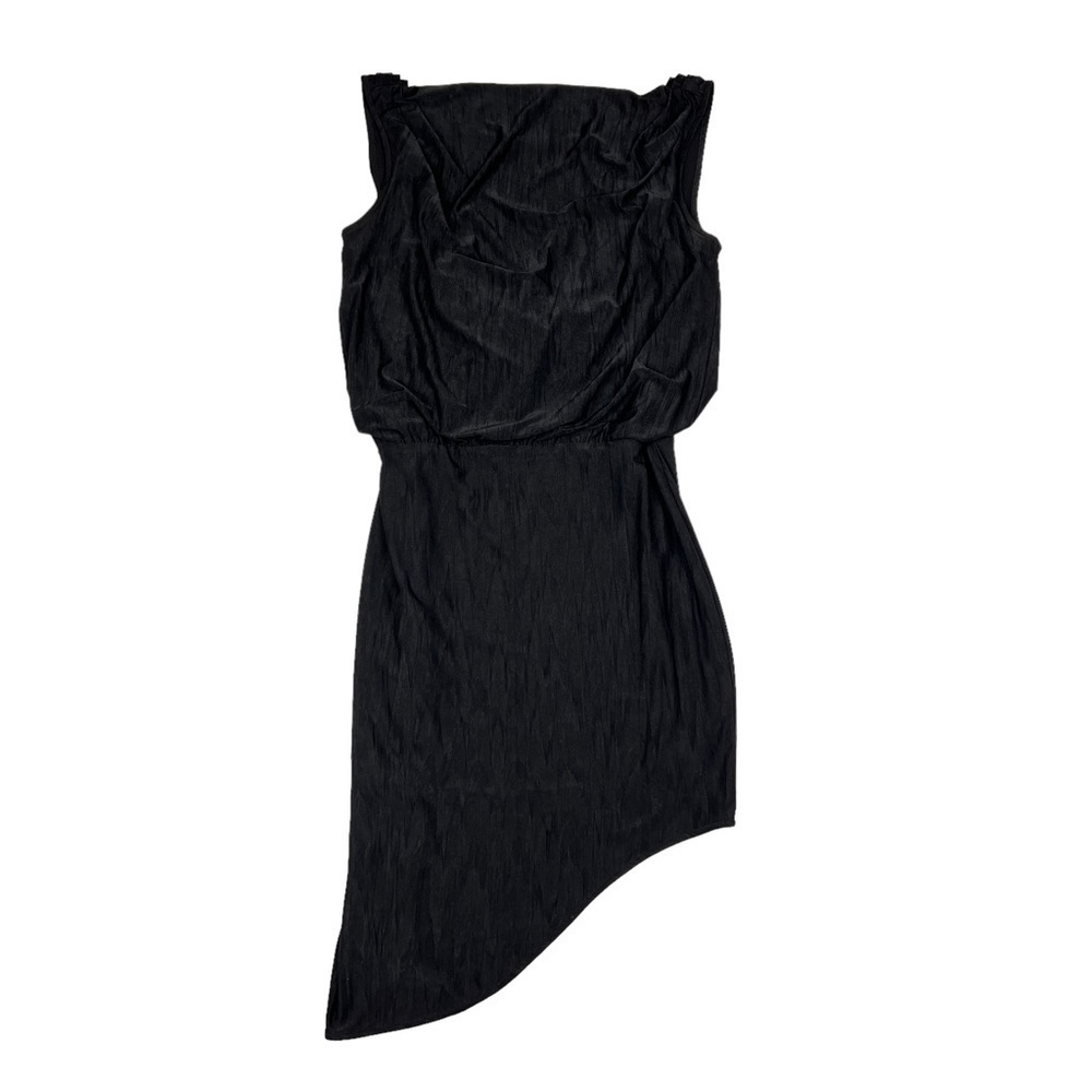 Black Halo Black Boat Neck Asymmetrical Hem Draped Mini Dress